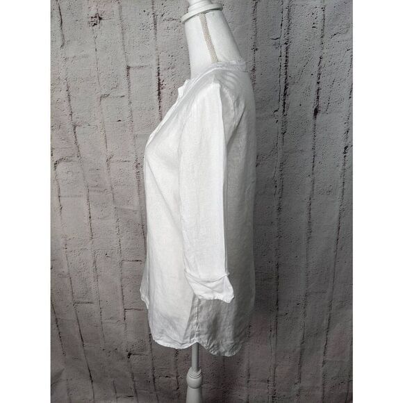 Lungo L'Arno Womens White Linen 1/2 Sleeve Button Up Top Beachy Vacation Sz L La - Picture 2 of 8